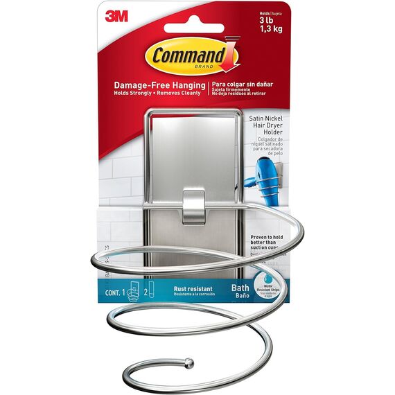 Command Haartrocknerhalter für das Bad, Satin Nickel, wasserbeständige Klebestreifen - 1 Haartrocknerhalter und 2 große Streifen – Befestigen ohne Beschädigungen