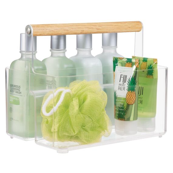 mDesign Badezimmer Aufbewahrungsbox – praktischer Korb mit Griff zur Kosmetikaufbewahrung – tragbarer Bad Organizer mit 2 Fächern – durchsichtig/naturfarben