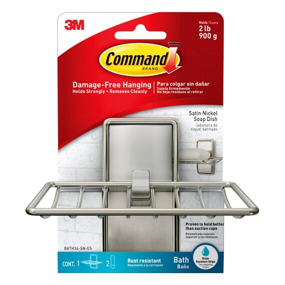Command BATH34-SN-ES Soap Dish, Satin Nickel, 1-Soap Dish, 2-Medium Water-Resistant Strips by Command