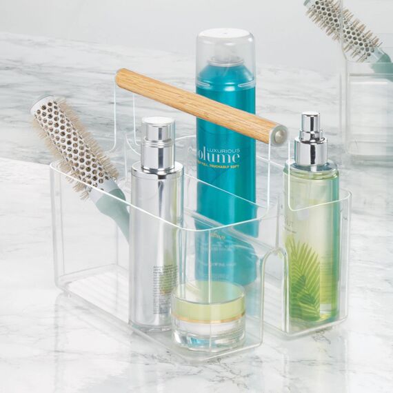 mDesign Badezimmer Aufbewahrungsbox – praktischer Korb mit Griff zur Kosmetikaufbewahrung – tragbarer Bad Organizer mit 2 Fächern – durchsichtig/naturfarben