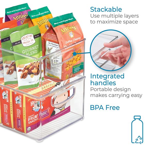 iDesign,63898,Aufbewahrungsbox AA8für dieKüche, großer &tiefer Küchen Organizer aus Kunststoff,offene Kühlschrankbox mit Griffen, durchsichtig, 25,5 cm x 20,25 cm x 12,75 cm (Packung mit 4)