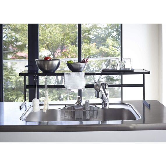 Yamazaki 4481 Tower Ausziehbares Küchenregal, schwarz, Stahl, minimalistisch, 54～92 x 22.5 x 25 cm