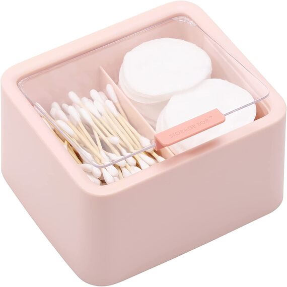 Tecbeauty Qtips Halter – Mittelteiler, Wattepads, Aufbewahrungsspender, Badezimmer-Organizer mit transparenten Scharnierdeckeln für Wattestäbchen, rund, Blau und Rosa, 2 Stück