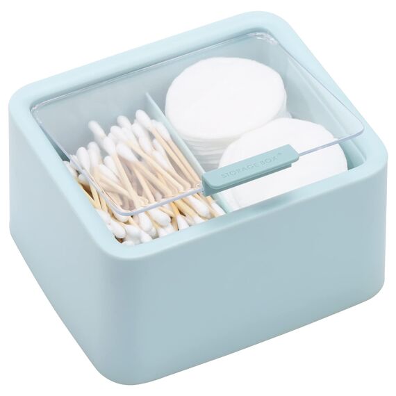Tecbeauty Großer Qtips Halter – 2 Gitter separater Wattestäbchenspender Badezimmer Organizer Behälter mit Scharnierdeckel für Wattebälle, Wattepads, Blau