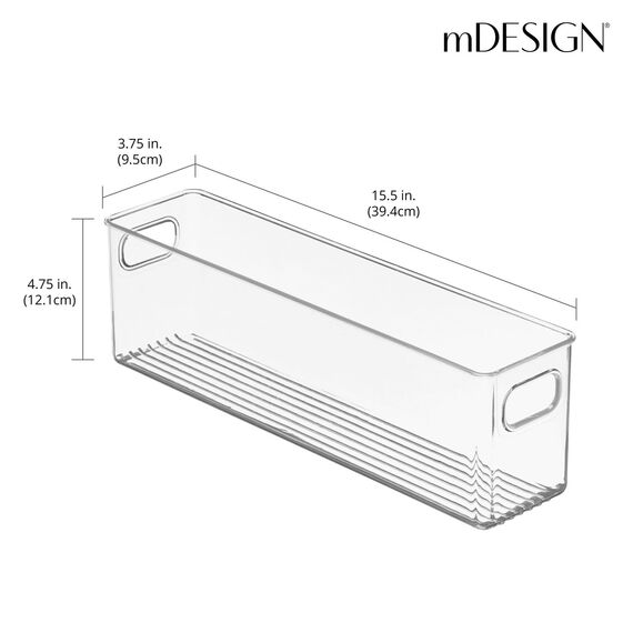 mDesign Stapelbare Aufbewahrungsbehälter für Küche, Speisekammer, Kühlschrank oder Gefrierschrank, mit Griffen, Organizer Obst, Joghurt, Snacks, Pasta, BPA-frei, 40,6 cm lang, 4 Stück – transparent