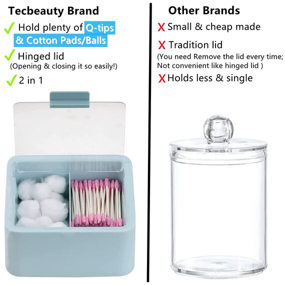 Tecbeauty Großer Qtips Halter – 2 Gitter separater Wattestäbchenspender Badezimmer Organizer Behälter mit Scharnierdeckel für Wattebälle, Wattepads, Blau
