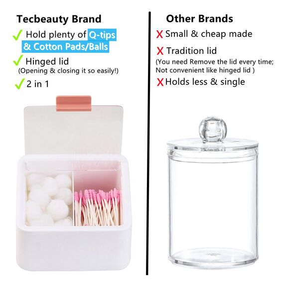 Tecbeauty Qtips Halter – Mittelteiler, Wattepads, Aufbewahrungsspender, Badezimmer-Organizer mit transparenten Scharnierdeckeln für Wattestäbchen, rund, Weiß und Blau, 2 Stück