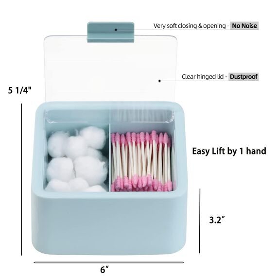 Tecbeauty Großer Qtips Halter – 2 Gitter separater Wattestäbchenspender Badezimmer Organizer Behälter mit Scharnierdeckel für Wattebälle, Wattepads, Blau