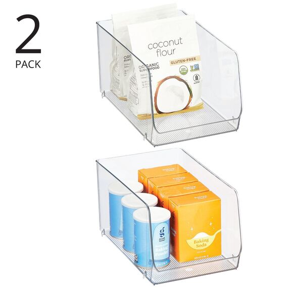 mDesign stapelbare Aufbewahrungsbox für Lebensmittel – Küchen Ablage mit offener Vorderseite für Kühlschrank, Schrankfach oder Gefriertruhe – Kühlschrankbox aus Kunststoff – 2er-Set – durchsichtig