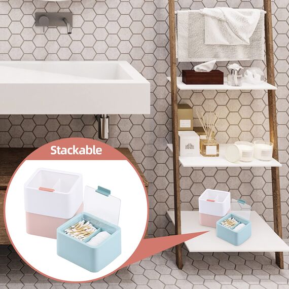 Tecbeauty Großer Qtips Halter – 2 Gitter separater Wattestäbchenspender Badezimmer Organizer Behälter mit Scharnierdeckel für Wattebälle, Wattepads, Blau