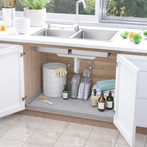 SIKADEER Untertischmatte für die Küche, wasserdicht, 86,4 x 55,9 cm, Silikon-Schrankeinlage für Badezimmer, unter der Spüle, Organizer mit erhöhtem Kantenschutz für Tropfen, Auslaufen, Verschütten,