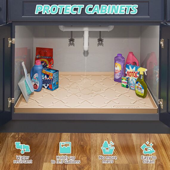SIKADEER Untertischmatte für Küchenschrank, verstellbar, leicht zu reinigen, Auskleidung für Badezimmer, Oberfläche mit Trennfläche – 86,4 x 55,9 cm, Beige