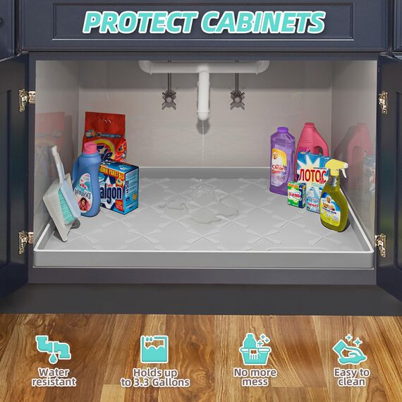 SIKADEER Untertischmatte für die Küche, wasserdicht, 86,4 x 55,9 cm, Silikon-Schrankeinlage für Badezimmer, unter der Spüle, Organizer mit erhöhtem Kantenschutz für Tropfen, Auslaufen, Verschütten,