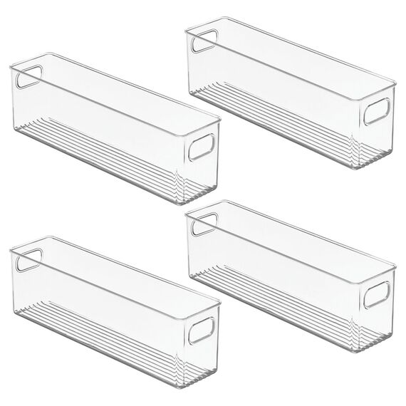 mDesign Stapelbare Aufbewahrungsbehälter für Küche, Speisekammer, Kühlschrank oder Gefrierschrank, mit Griffen, Organizer Obst, Joghurt, Snacks, Pasta, BPA-frei, 40,6 cm lang, 4 Stück – transparent
