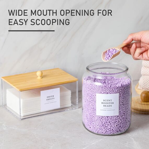 Glasbehälter und Trocknerblatthalter mit Bambusdeckel, Spender-Set und Etiketten, Behälter für die Organisation und Aufbewahrung von Waschküchen, luftdichte Gläser, Acryl-Aufbewahrungsbox für