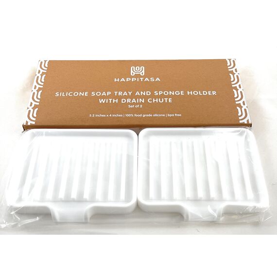 Happitasa Silikon-Seifenschale und Schwammhalter mit Abflussbehälter, Weiß, 13 x 10 cm, 2 Stück