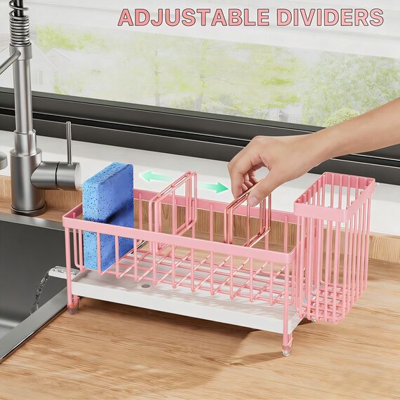 Cisily Pinker Schwammhalter für Küchenspüle, Spülbecken-Caddy Organizer mit hohem Bürstenhalter, Küchenarbeitsplatte, rostfrei, 304 Edelstahl, Seifenspender, Küchenorganizer und