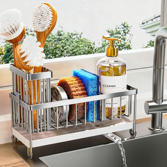 Cisily Schwammhalter für Küchenspüle, Edelstahl, silberfarben, mit hohem Bürstenhalter, Organizer, rostfreier Geschirr-Organizer, Seifenspender, Aufbewahrung, Küchenzubehör für Organisation