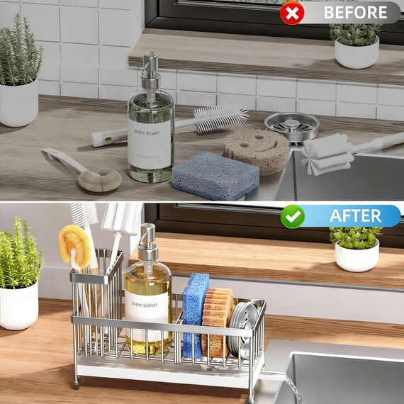 Cisily Schwammhalter für Küchenspüle, Edelstahl, silberfarben, mit hohem Bürstenhalter, Organizer, rostfreier Geschirr-Organizer, Seifenspender, Aufbewahrung, Küchenzubehör für Organisation