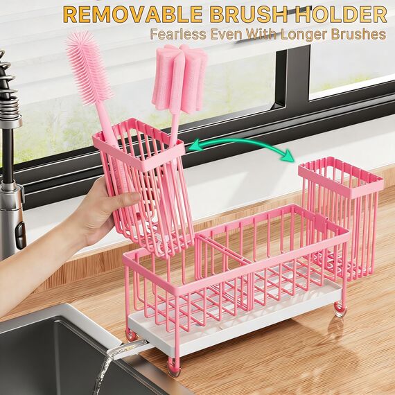Cisily Pinker Schwammhalter für Küchenspüle, Spülbecken-Caddy Organizer mit hohem Bürstenhalter, Küchenarbeitsplatte, rostfrei, 304 Edelstahl, Seifenspender, Küchenorganizer und
