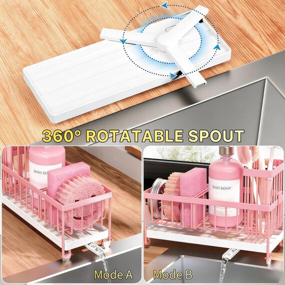 Cisily Pinker Schwammhalter für Küchenspüle, Spülbecken-Caddy Organizer mit hohem Bürstenhalter, Küchenarbeitsplatte, rostfrei, 304 Edelstahl, Seifenspender, Küchenorganizer und