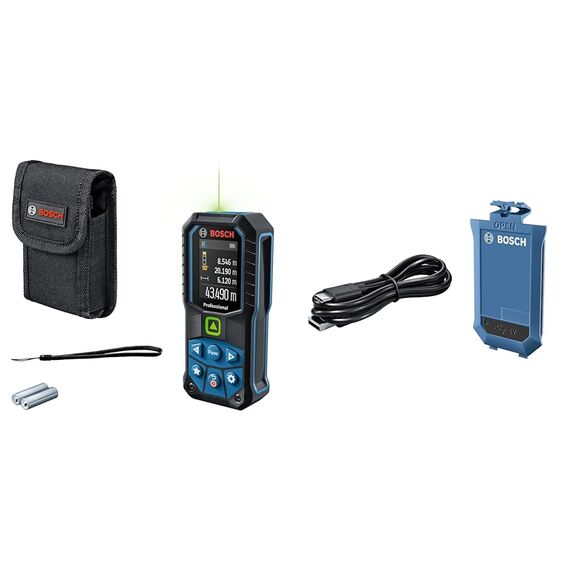 Bosch Professional Laser-Entfernungsmesser GLM 50-23 G (grüner Laser, Neigungssensor, Reichweite: bis zu 50 m, robust, IP65, ± 1,5 mm, 2X AA-Batterie, Schlaufe) + GLM Lithium-Ionen-Akku BA 3.7V 1.0Ah