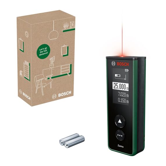 Bosch Laser-Entfernungsmesser Zamo der 4. Generation (einfaches und präzises Messen bis 25 m, Akkus über USB-C® aufladbar, mit Adapterschnittstelle, im E-Commerce Karton)