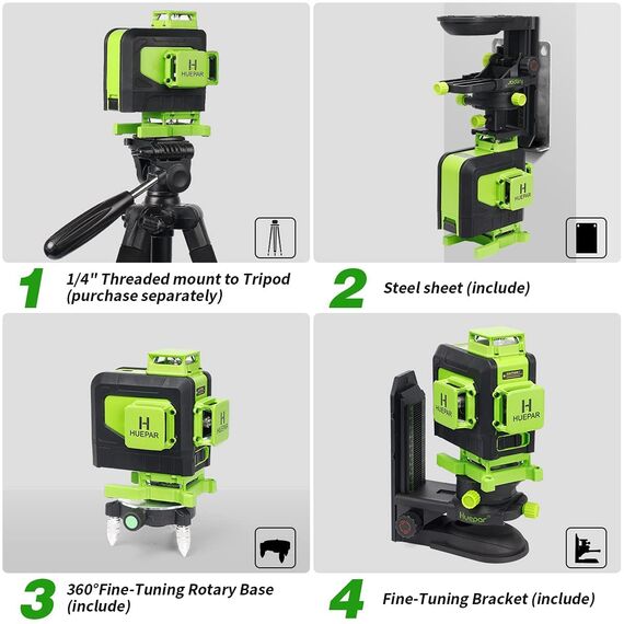 Huepar 904DG 4x360 Laserniveau Selbstnivellierend 16 Linien Grüner Strahlen 4D Kreuzlinien Fliesen Boden Laserwerkzeug-Horizontale & vertikale Laserlinien mit Fernbedienung,magnetische Halterung