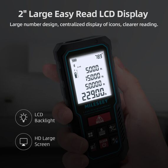 70M Laser Entfernungsmesser mit Telefon-App, MiLESEEY Lasermessgerät mit Elektronischer Neigungssensor, ±2mm Genauigkeit, Pythagoras, Fläche und Volumen, Hintergrundbeleuchtetes 2" LCD
