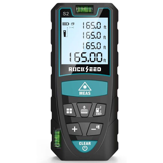 Laser-Entferungsmesser 50M,RockSeed Digitaler Lasermessgerät mit 2 Blasenebenen,Tragbarer Lasermessgerät M/In/Ft Einheit Hintergrundbeleuchtetes LCD zur Messung Entfernung/Fläche/Volumen/Pythagorean