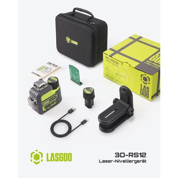 LasGoo 3D-RS12 Laser-Nivelliergerät: 3x360° grüner Strahl, selbstnivellierend, ideal für Bau und Bilderaufhängung. Mit 2 wiederaufladbaren 11.1V-Batterien, magnetischem Ständer und Type-C-Kabel