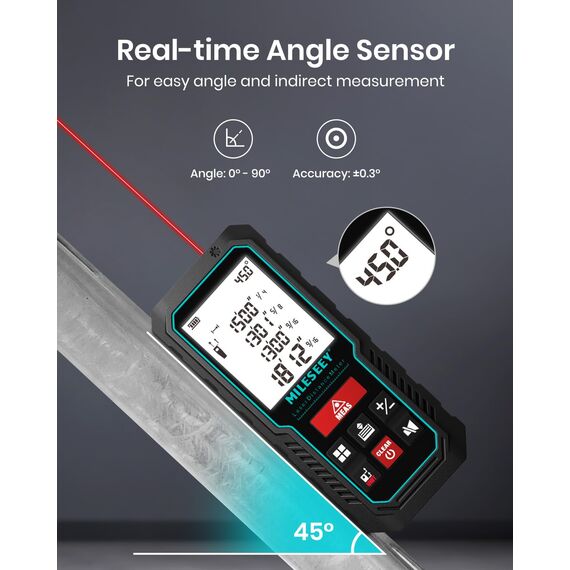 70M Laser Entfernungsmesser, MiLESEEY Lasermessgerät mit Elektronischer Neigungssensor, ±2mm Genauigkeit, Pythagoras, Fläche und Volumen, Hintergrundbeleuchtetes 2" LCD, Batterie enthalten