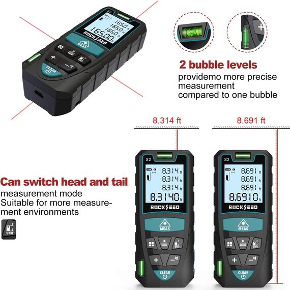 Laser-Entferungsmesser 50M,RockSeed Digitaler Lasermessgerät mit 2 Blasenebenen,Tragbarer Lasermessgerät M/In/Ft Einheit Hintergrundbeleuchtetes LCD zur Messung Entfernung/Fläche/Volumen/Pythagorean