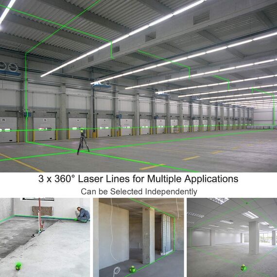 Kreuzlinienlaser, Huepar 3 x 360° Laser Wasserwaage Selbstnivellierenden, Kreuzlinienlaser Grün 12 Linien Laser, Linienlaser kreuzlaser Baulaser für Innenbereich Baustelle(mit Lithium-Batterie), B03CG