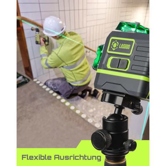LasGoo Kreuzlinienlaser Selbstnivellierendes 360°x3 grün für Bau und Aufhängen von Bildern, Fernbedienung, professioneller magnetischer Drehständer, 2 wiederaufladbare Li-Ion-Akkus, LG-3Ds