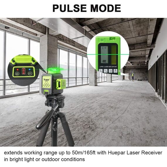Kreuzlinienlaser, Huepar 3 x 360° Laser Wasserwaage Selbstnivellierenden, Kreuzlinienlaser Grün 12 Linien Laser, Linienlaser kreuzlaser Baulaser für Innenbereich Baustelle(mit Lithium-Batterie), B03CG