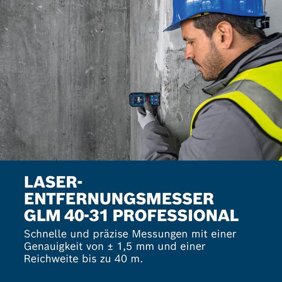 Bosch Professional Laser-Entfernungsmesser GLM 40-31 (IP 65, stoßdämpfendes Gehäuse, 7 Messmodi, automatische Berechnungen für Länge/Fläche/Volumen, helles Farbdisplay, mit Li-Ionen-Akku kompatibel)