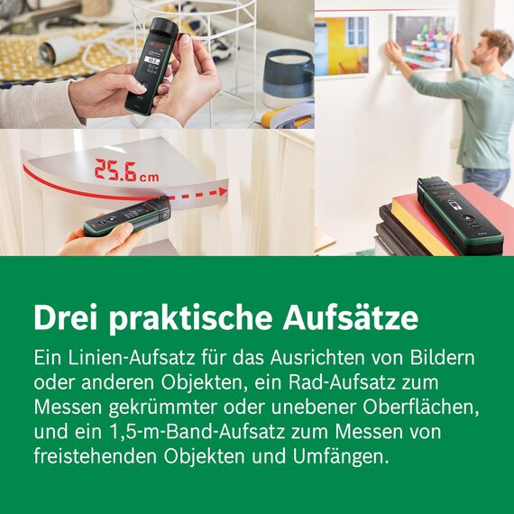 Bosch Laser-Entfernungsmesser Zamo der 4. Generation mit 3 Aufsätzen (einfaches und präzises Messen bis 25 m, Akkus über USB-C® aufladbar, mit Adapterschnittstelle, im E-Commerce Karton)