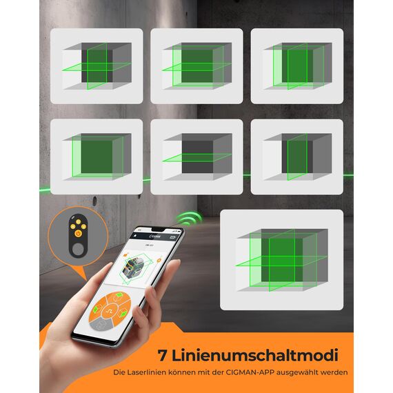 Kreuzlinienlaser, CIGMAN APP Intelligente Kontrolle 3x360 Grad Selbstnivellierend Laser Wasserwaage, mit Wiederaufladbarer Lithium-Batterie, Baulaser Kreuzlaser Grün für Innenbereich Bauste, (CM-S01)