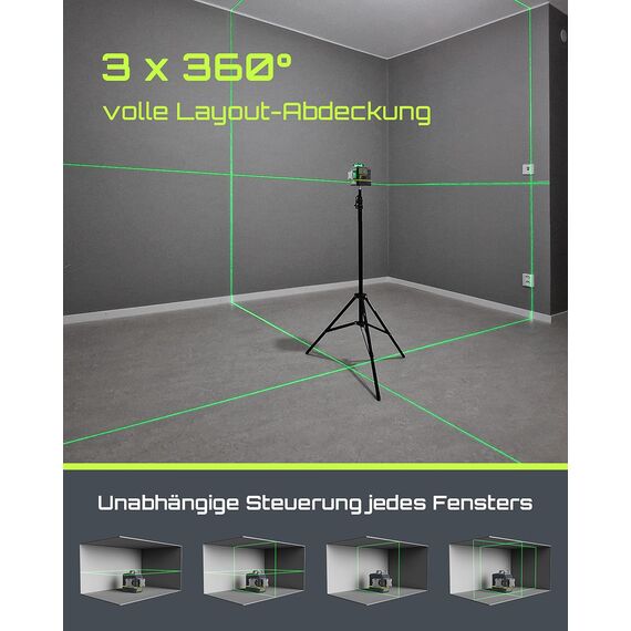 LasGoo Kreuzlinienlaser Selbstnivellierendes 360°x3 grün für Bau und Aufhängen von Bildern, Fernbedienung, professioneller magnetischer Drehständer, 2 wiederaufladbare Li-Ion-Akkus, LG-3Ds