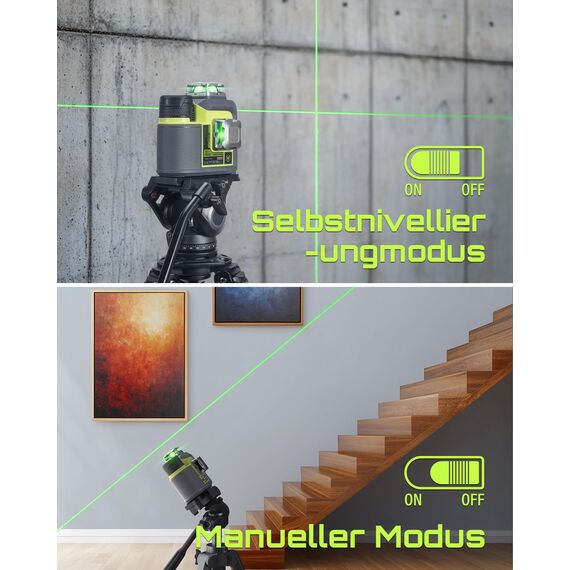 LasGoo 3D-RS12 Laser-Nivelliergerät: 3x360° grüner Strahl, selbstnivellierend, ideal für Bau und Bilderaufhängung. Mit 2 wiederaufladbaren 11.1V-Batterien, magnetischem Ständer und Type-C-Kabel