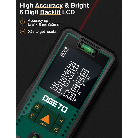 Laser Entfernungsmesser 120m, OGETO Laser Entfernungsmesser mit LCD Hintergrundbeleuchtung, 99 Datensätze, M/In/Ft, Pythagoras/Abstand/Fläche/Volumen Messungen(2*AAA Batterien, IP54)