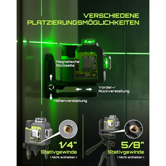 LasGoo 3D-RS12 Laser-Nivelliergerät: 3x360° grüner Strahl, selbstnivellierend, ideal für Bau und Bilderaufhängung. Mit 2 wiederaufladbaren 11.1V-Batterien, magnetischem Ständer und Type-C-Kabel