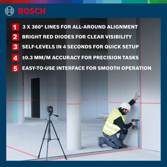 Bosch Professional Linienlaser GLL 3-80 (roter Laser, max. Arbeitsbereich: 30 m, 4x AA Batterie, im Handwerkerkoffer), 0601063S00, Blau