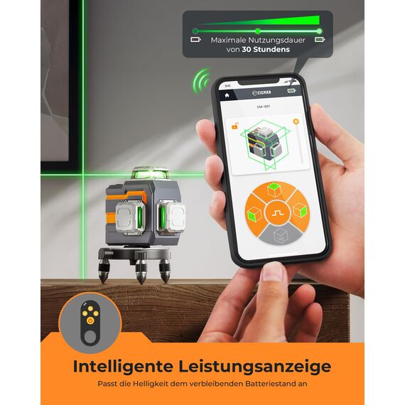 Kreuzlinienlaser, CIGMAN APP Intelligente Kontrolle 3x360 Grad Selbstnivellierend Laser Wasserwaage, mit Wiederaufladbarer Lithium-Batterie, Baulaser Kreuzlaser Grün für Innenbereich Bauste, (CM-S01)