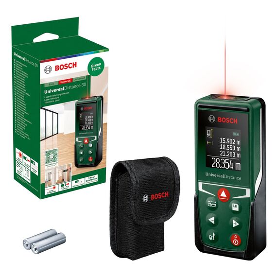 Bosch Laserentfernungsmesser UniversalDistance 30 (Distanz bis 30m präzise messen, Messfunktionen, Speicherfunktion, im Karton)