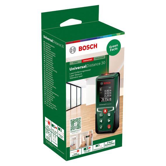 Bosch Laserentfernungsmesser UniversalDistance 30 (Distanz bis 30m präzise messen, Messfunktionen, Speicherfunktion, im Karton)