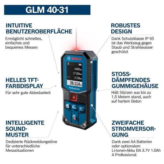 Bosch Professional Laser-Entfernungsmesser GLM 40-31 (IP 65, stoßdämpfendes Gehäuse, 7 Messmodi, automatische Berechnungen für Länge/Fläche/Volumen, helles Farbdisplay, mit Li-Ionen-Akku kompatibel)
