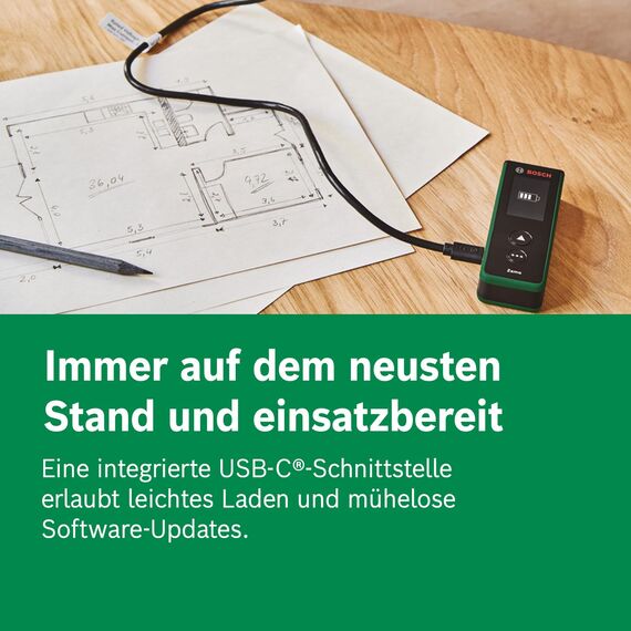 Bosch Laser-Entfernungsmesser Zamo der 4. Generation mit 3 Aufsätzen (einfaches und präzises Messen bis 25 m, Akkus über USB-C® aufladbar, mit Adapterschnittstelle, im E-Commerce Karton)