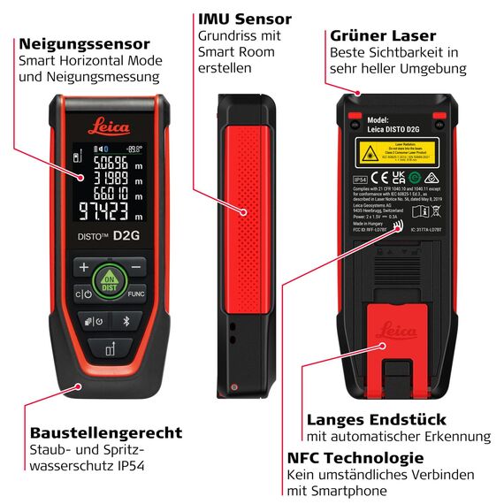 Leica DISTO D2G – grüner Laser Entfernungsmesser mit NFC und Bluetooth (App-Nutzung), ausklappbarem Endstück und Neigungssensor, für Messungen in sehr Heller Umgebung (mit 120 m Reichweite)